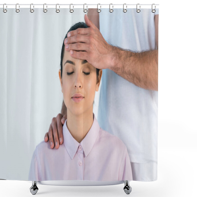 Personality  Cropped View Of Healer Putting Hand On Head Of Attractive Woman With Closed Eyes Isolated On White  Shower Curtains