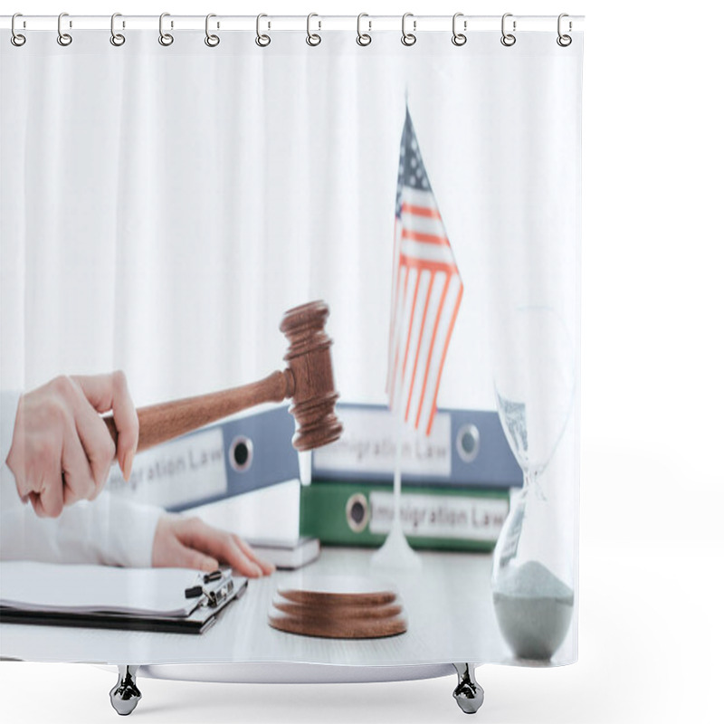 Personality  Selective Focus Of Female Judge With Gavel In Hand Isolated On White Shower Curtains