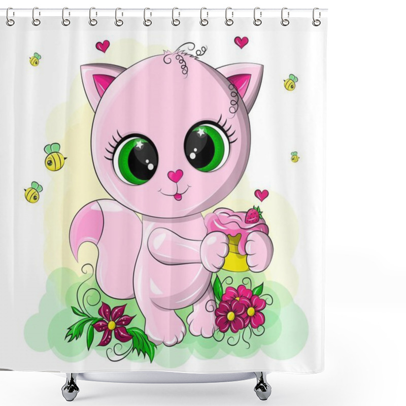 Personality  Beautiful Pink Kitten With A Cake In Its Paws. The Cat Is Made On A Light Green Background In A Cartoon Style, The Cat Has Green Eyes And A Beautiful Heart-shaped Nose. Shower Curtains