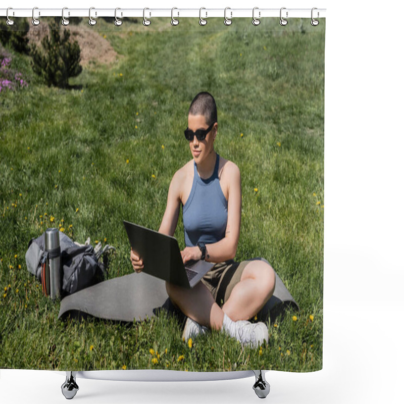 Personality  Young Short Haired Woman Tourist In Sunglasses Using Laptop While Sitting On Fitness Mat Near Backpack And Thermos On Grassy Lawn With Flowers, Finding Serenity In Nature, Summer, Digital Nomad  Shower Curtains