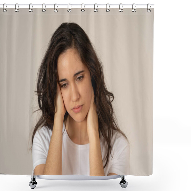 Personality  Portrait Of Young Sad Latin Woman Suffering Depression Looking Thoughtful. Feeling Emotional Pain, Sorrow Distressed. Isolated With Copy Space. Human Expressions Emotions And Women Mental Health. Shower Curtains