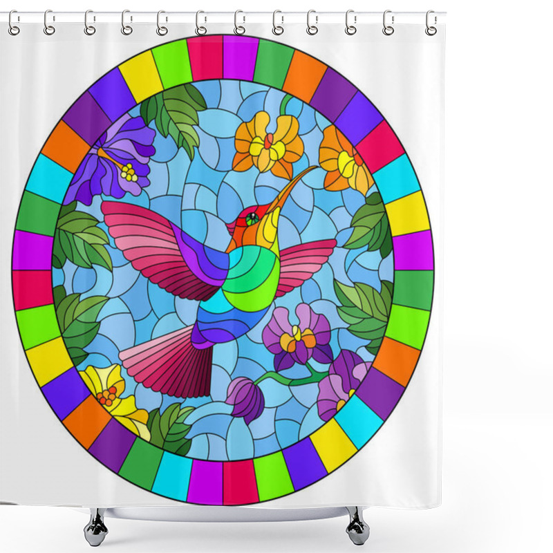 Personality  Illustration In Stained Glass Style With A Bright Hummingbird Bird On The Background Of The Sky And Flowers Of Orchids And Hibiscus, Oval Image In Bright Frame  Shower Curtains