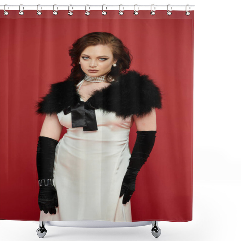 Personality  A Beautiful Young Woman In A Stunning Outfit Displays Confidence And Grace In A Bold Setting. Shower Curtains