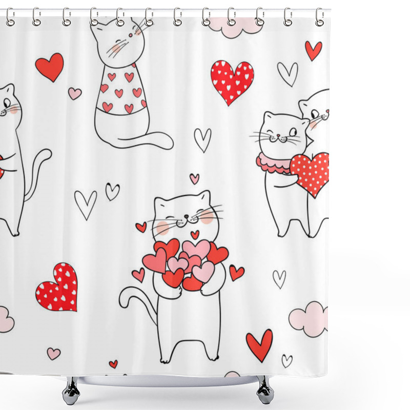 Personality  Seamless Pattern Cat With Little Heart For Valentine Shower Curtains