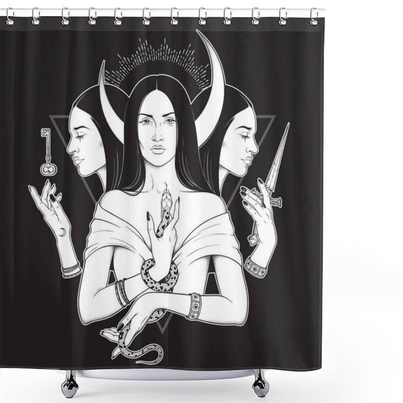 Personality  Triple Lunar Goddess Hecate Ancient Greek Mythology Hand Drawn Black And White Isolated Vector Illustration. Blackwork, Flash Tattoo Or Print Design Shower Curtains