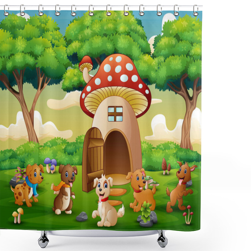 Personality  Cartoon Many Dog Near The Red Mushroom House Shower Curtains