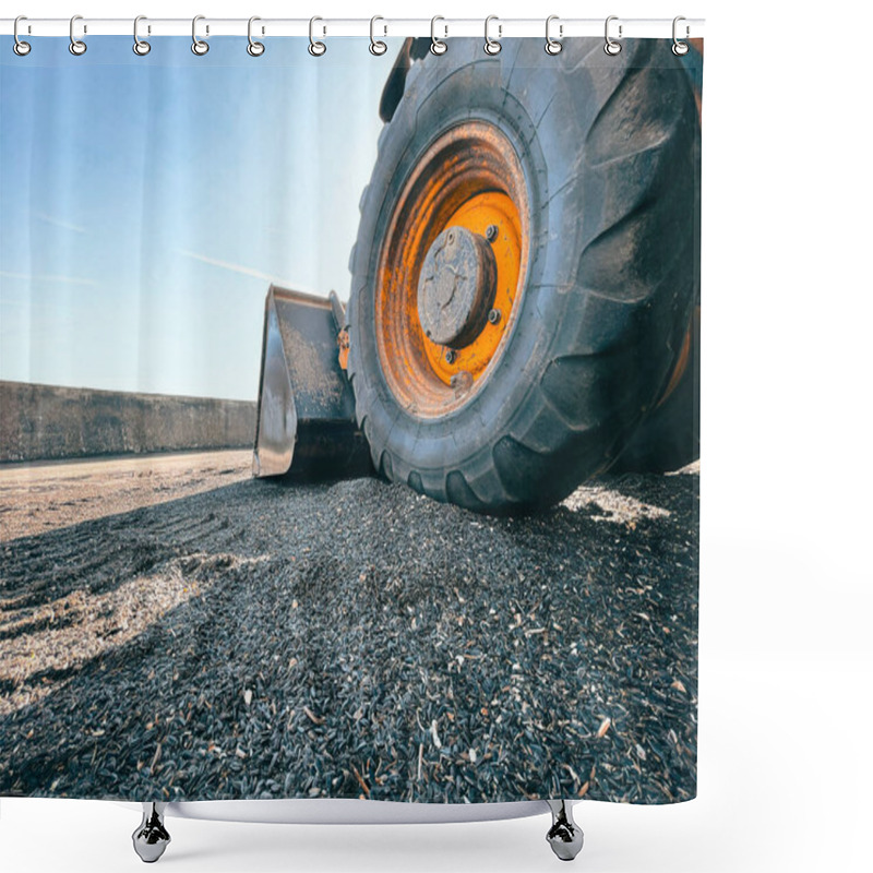 Personality  Loader Collecting Grain In Warehouse: Agriculture Logistics And Global Supply Chain In Action.  Shower Curtains