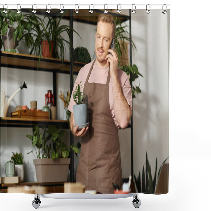 Personality  A Man Multitasks, Holding A Potted Plant And Talking On A Cell Phone In A Plant Shop Setting. Shower Curtains