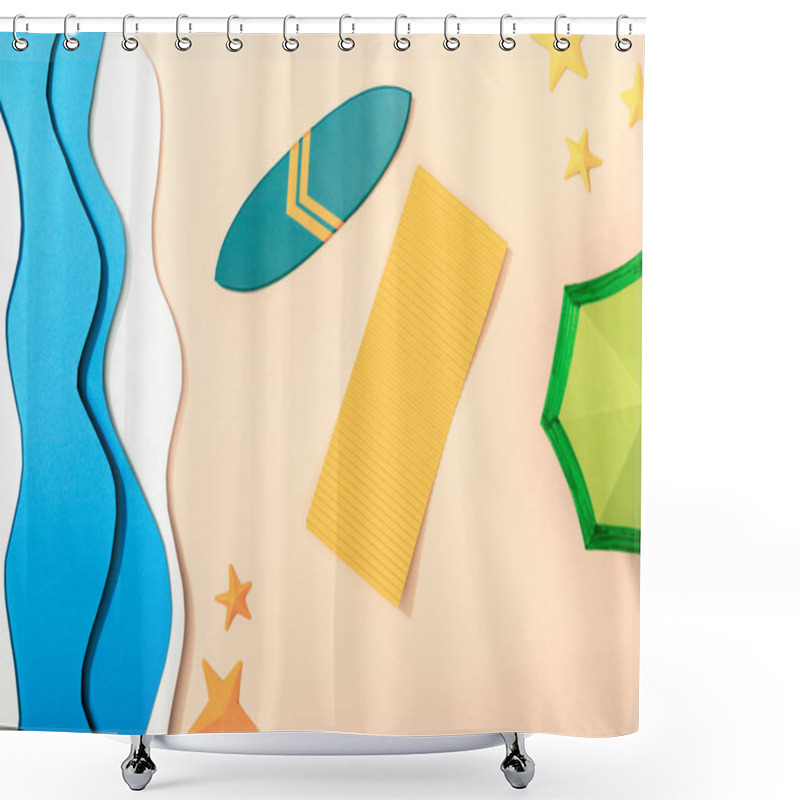 Personality  Top View Of Paper Beach With Yellow Towel, Green Umbrella And Surfboard Near Starfishes On Sand Near Ocean Shower Curtains