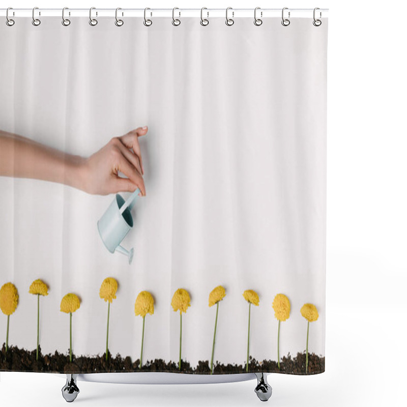 Personality  Cropped Shot Of Woman Watering Yellow Chrysanthemum Flowers In Ground Isolated On White Shower Curtains