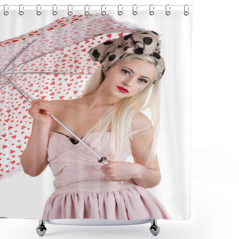 Personality  Beautiful Pin-up Girl With Umbrella, Isolated On White Shower Curtains