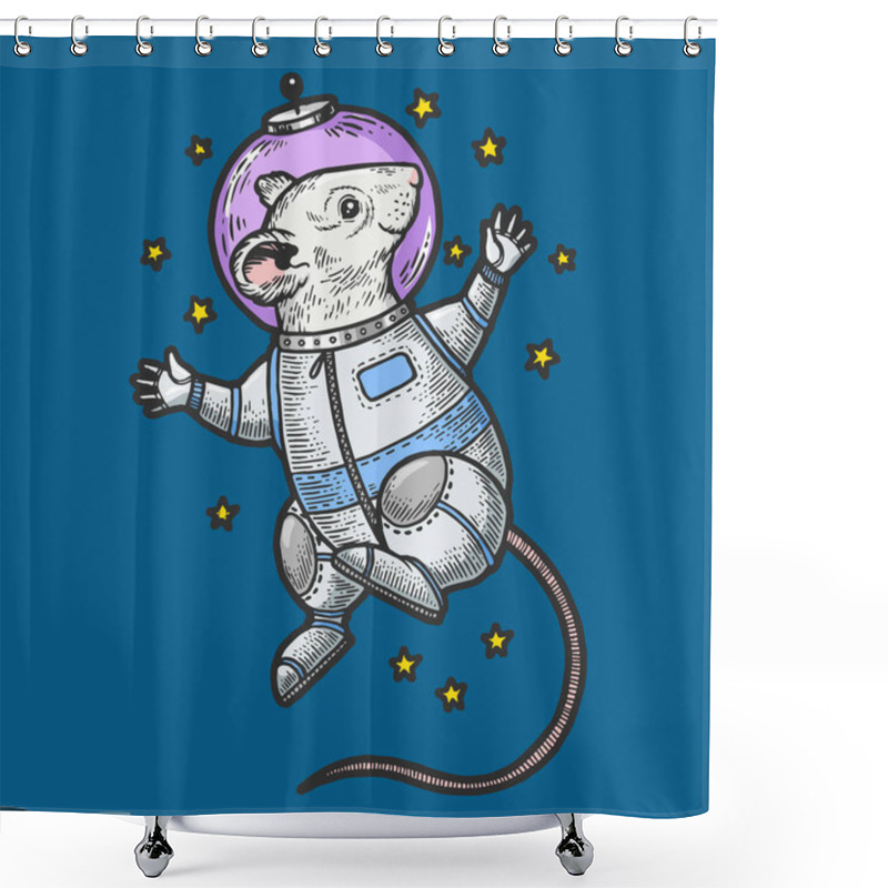 Personality  Mouse Astronaut Spaceman In Space Sketch Engraving Vector Illustration. Tee Shirt Apparel Print Design. Scratch Board Style Imitation. Black And White Hand Drawn Image. Shower Curtains