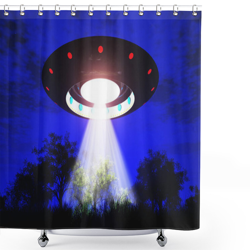 Personality  Ufo Flying On Earth At Night Over Field Shower Curtains