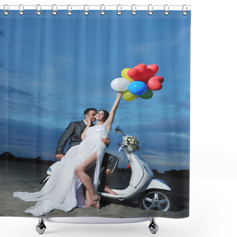 Personality  Just Married Couple On The Beach Ride White Scooter Shower Curtains