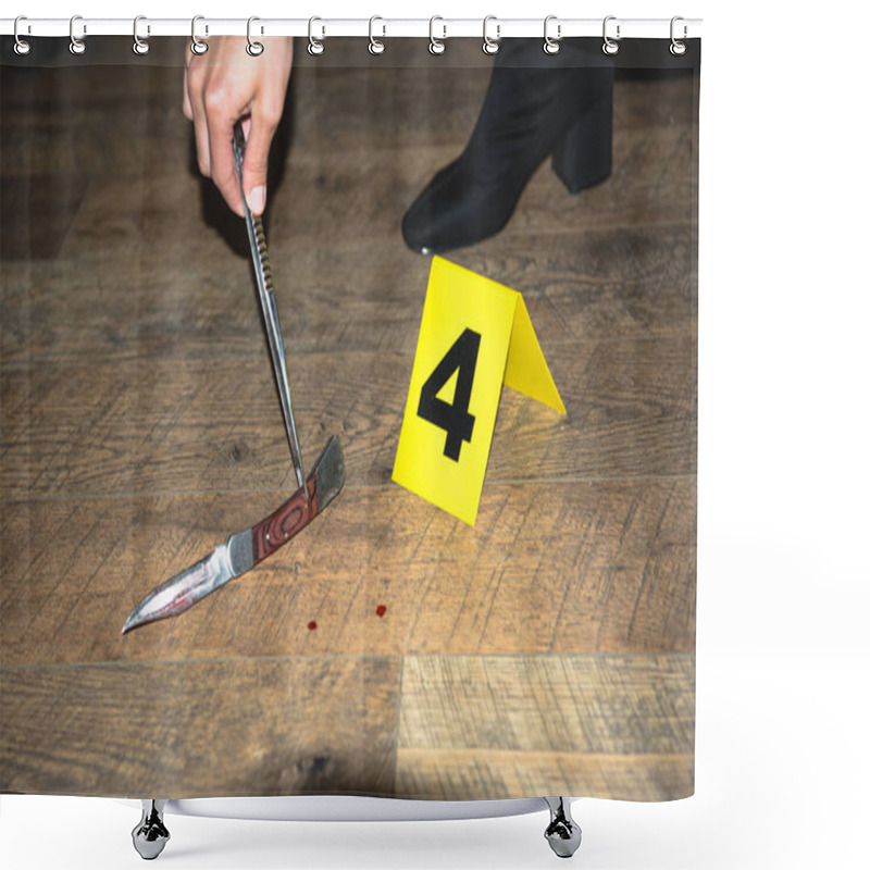 Personality  Cropped View Of Hand Examining Evidence At Crime Scene Shower Curtains