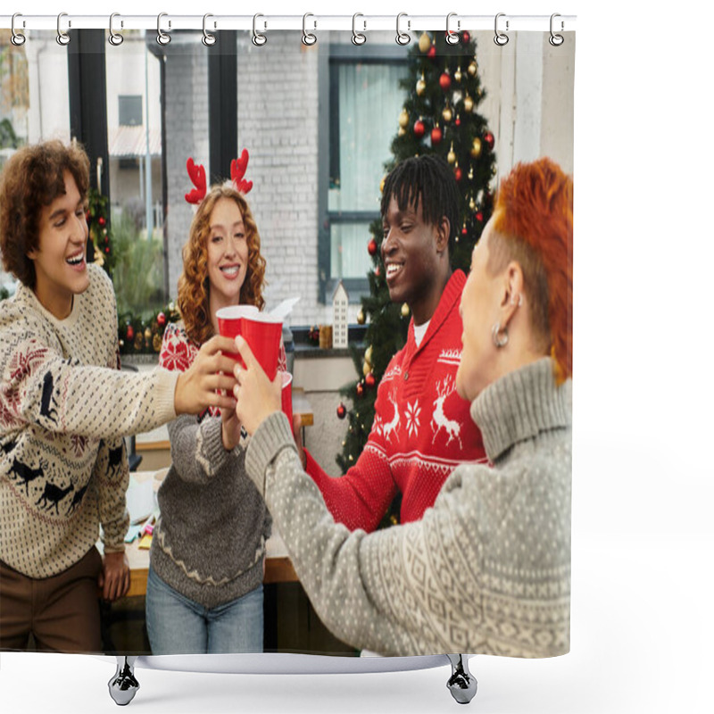 Personality  A Group Of Young Coworkers Share Laughter And Joy While Toasting Festive Drinks During Christmas. Shower Curtains