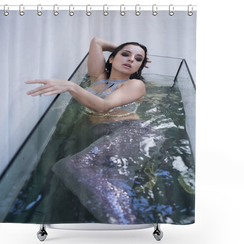 Personality  A Young Woman With Dark Hair And A Shimmering Tail Floats In An Aquarium, Dreaming Of The Sea. Shower Curtains