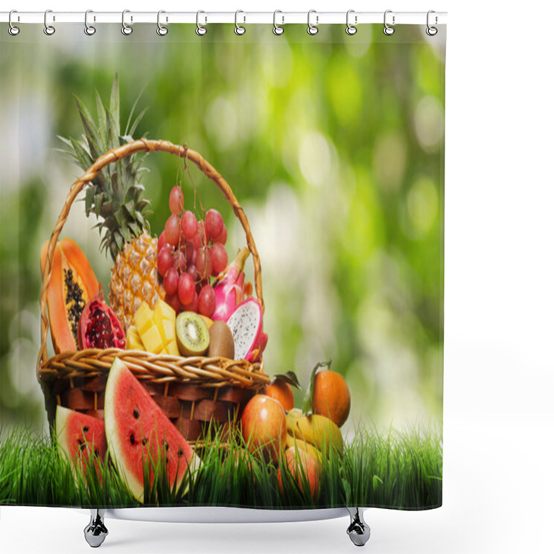 Personality  Basket Of Tropical Fruits On Green Grass Shower Curtains