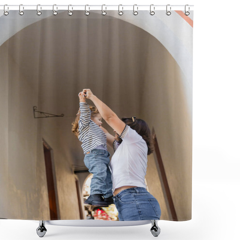 Personality  Mother Holding Hands With Toddler Daughter While Standing Near Arch Of House In Miami Shower Curtains