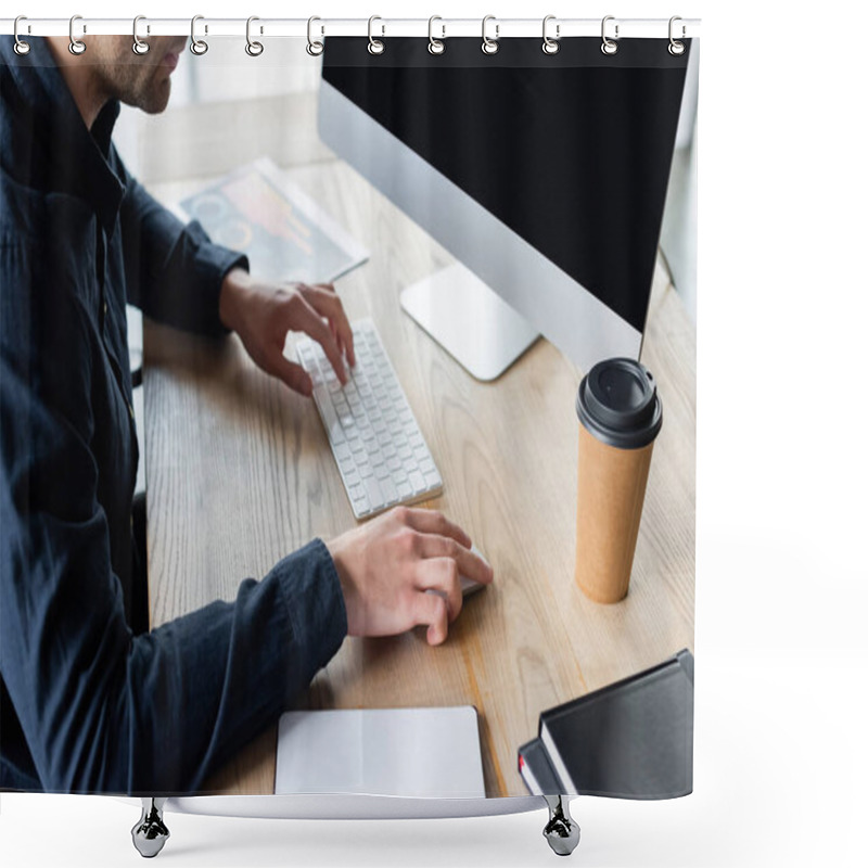 Personality  Cropped View Of Programmer Using Computer Near Paper Cup And Notebooks In Office  Shower Curtains