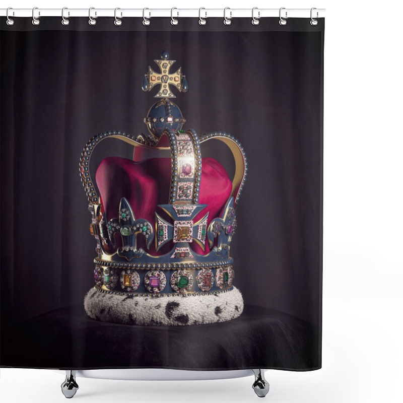 Personality  Royal Golden Crown With Jewels On Pillow On Black Background. Symbols Of UK United Kingdom Monarchy. 3d Illustration Shower Curtains