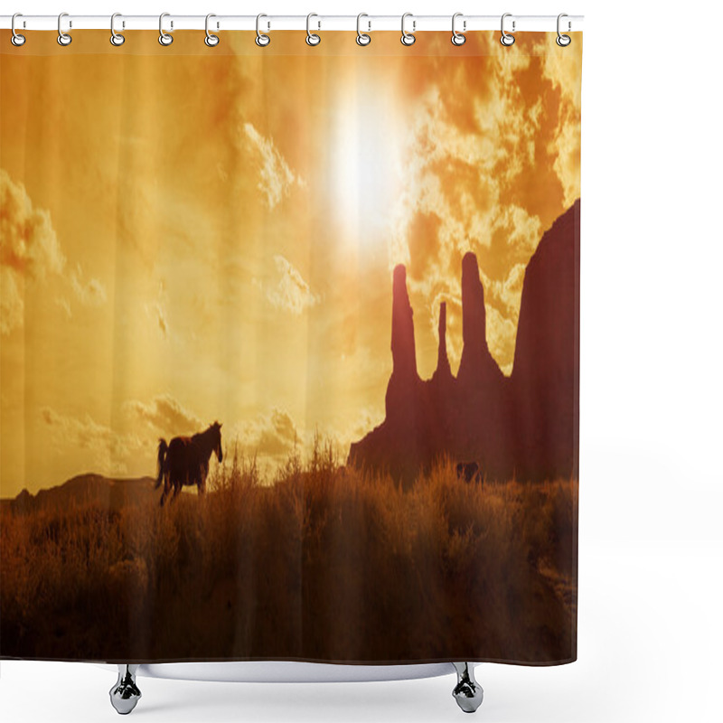 Personality  Silhouette Of Horses Grazing In Monument Valley  Shower Curtains