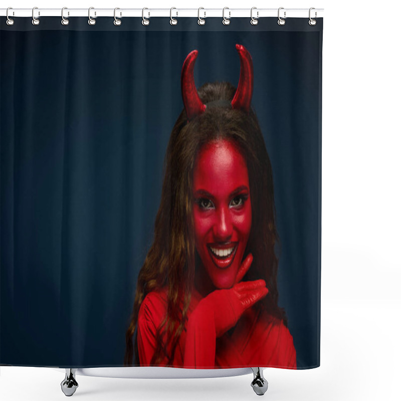 Personality  A Striking Woman Dressed As A Devil Showcases Her Playful Spirit With A Beaming Smile. Shower Curtains