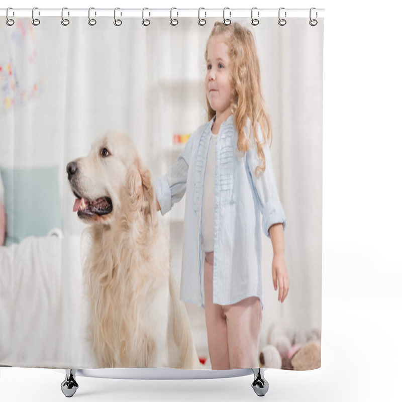 Personality  Adorable Kid Palming Golden Retriever In Children Room Shower Curtains