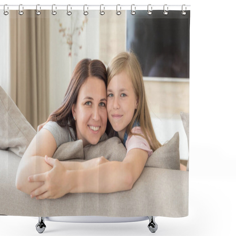 Personality  People And Family Concept - Happy Smiling Girl With Mother Hugging On Sofa At Home Shower Curtains