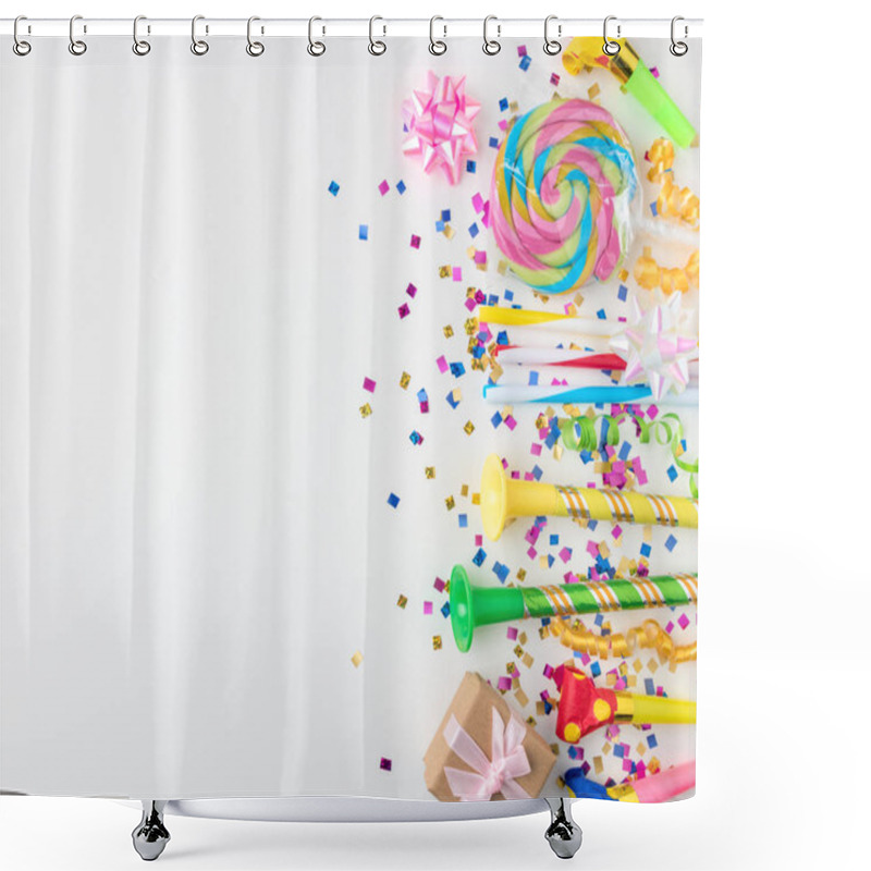 Personality  Colorful Celebration Background With Various Party Confetti, Streamers And Decoration. Minimal Party Concept. Flat Lay. Shower Curtains