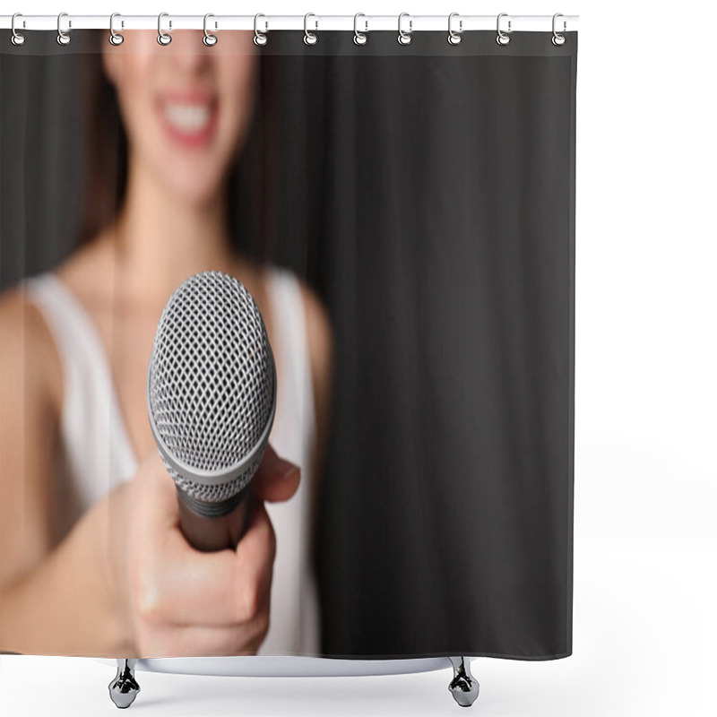 Personality  Young Woman Holding Microphone On Dark Background, Closeup View With Space For Text Shower Curtains