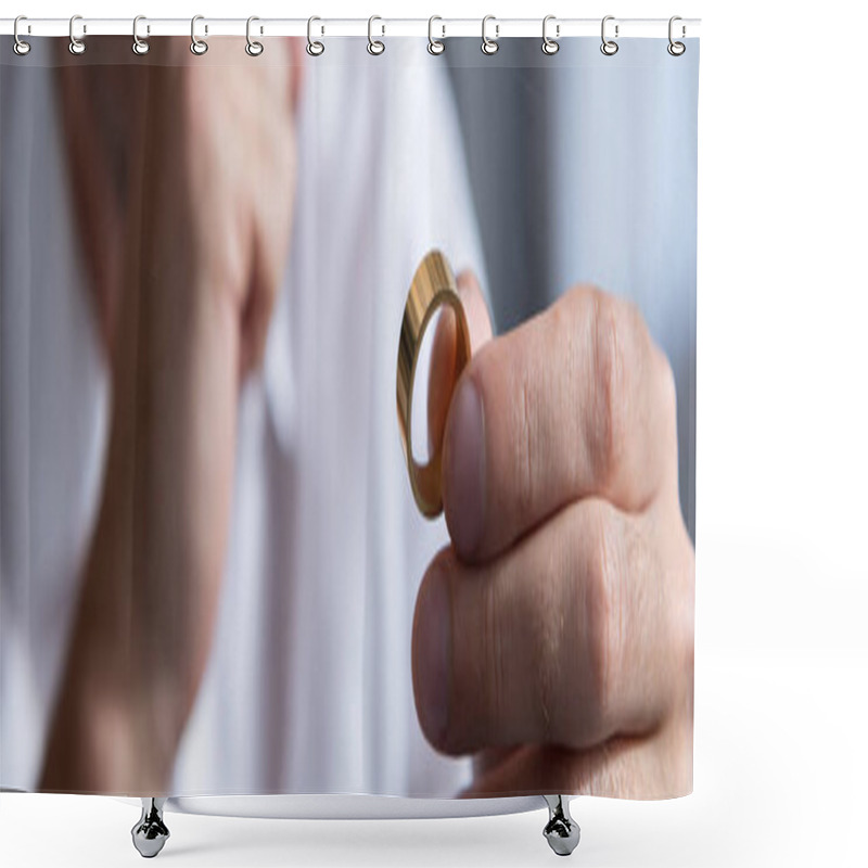 Personality  Panoramic Shot Of Man Holding Ring And Propping Face With Hand Shower Curtains