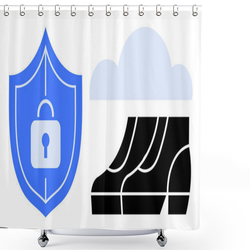 Personality  Blue Shield With A Padlock And Black Boots Beneath A Cloud. Ideal For Security, Protection, Privacy, Safety, Weather Resistance, Compliance, Digital Protection. Abstract Line Flat Metaphor Shower Curtains