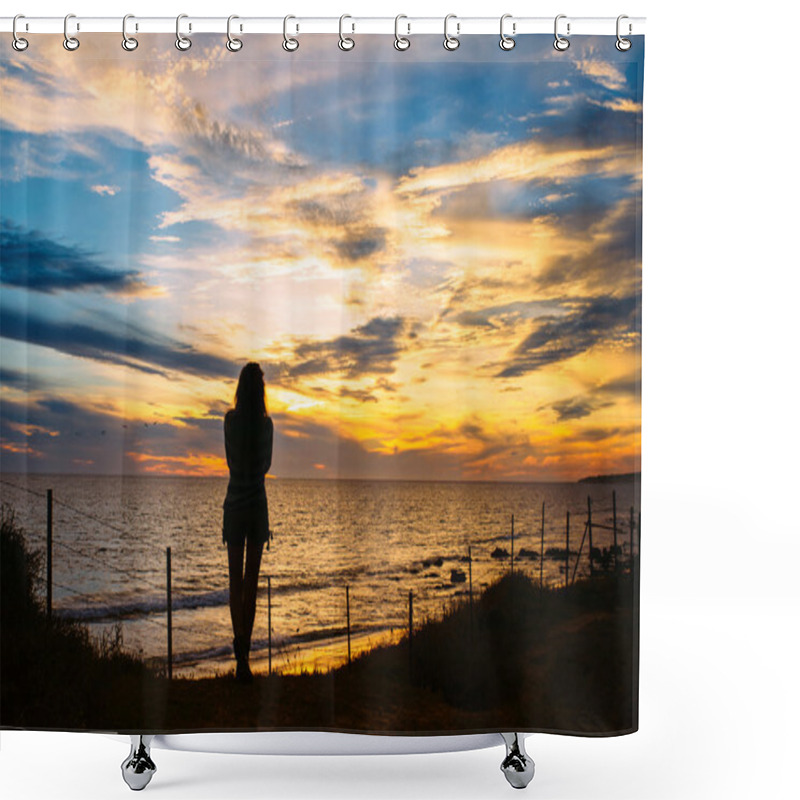 Personality  Silhouette Of Woman Stands At The Beach On Sunset Shower Curtains