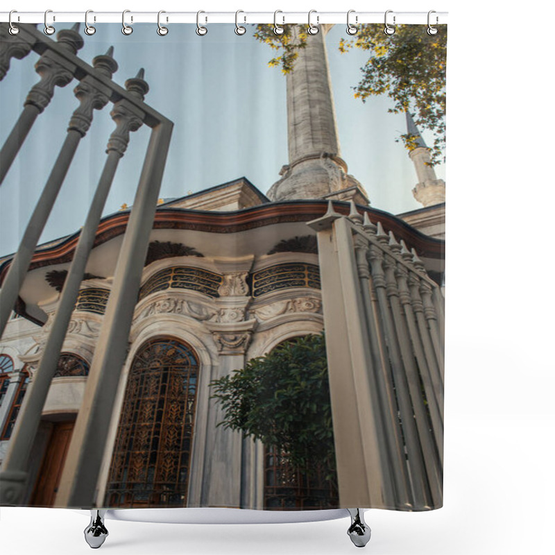 Personality  Low Angle View Of Ornament On Facade Of Mihrimah Sultan Mosque Near Fence On Blurred Foreground, Istanbul, Turkey  Shower Curtains