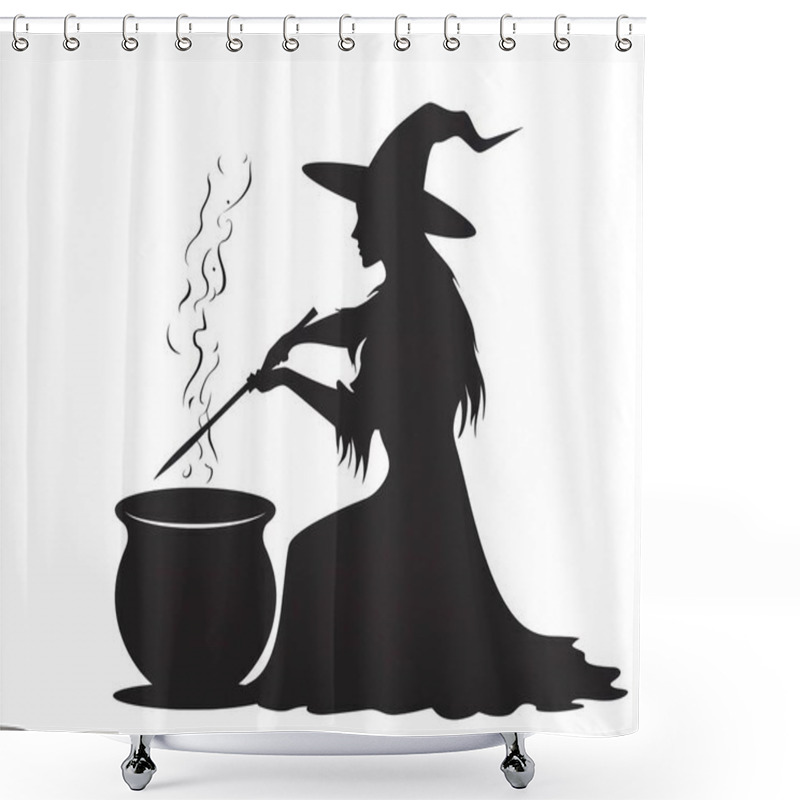 Personality  Silhouetted Female Witch In A Pointed Hat Stirring A Cauldron, Evoking A Mystical And Enchanting Atmosphere. Shower Curtains