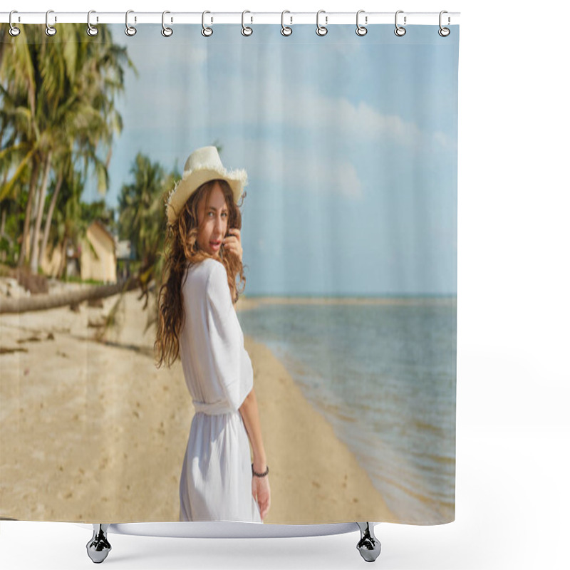 Personality  Attractive Girl Walking On Tropical Sandy Beach At The Ocean Shower Curtains