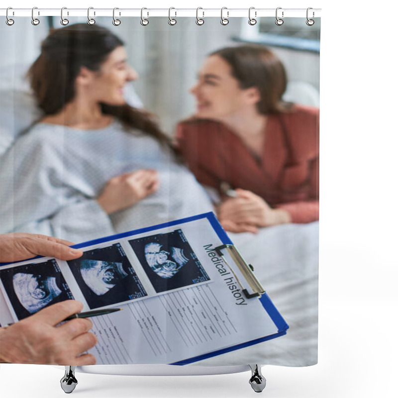 Personality  Close Up Of Ultrasound With Cheerful Lesbian Couple Smiling At Each Other On Backdrop, Ivf Concept Shower Curtains