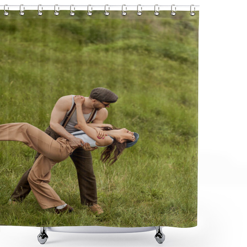 Personality  Stylish Bearded Man In Sunglasses Hugging And Having Fun With Cheerful Brunette Girlfriend In Vintage Outfit And Newsboy Cap And Standing On Grassy Meadow, Stylish Pair Amidst Nature Shower Curtains