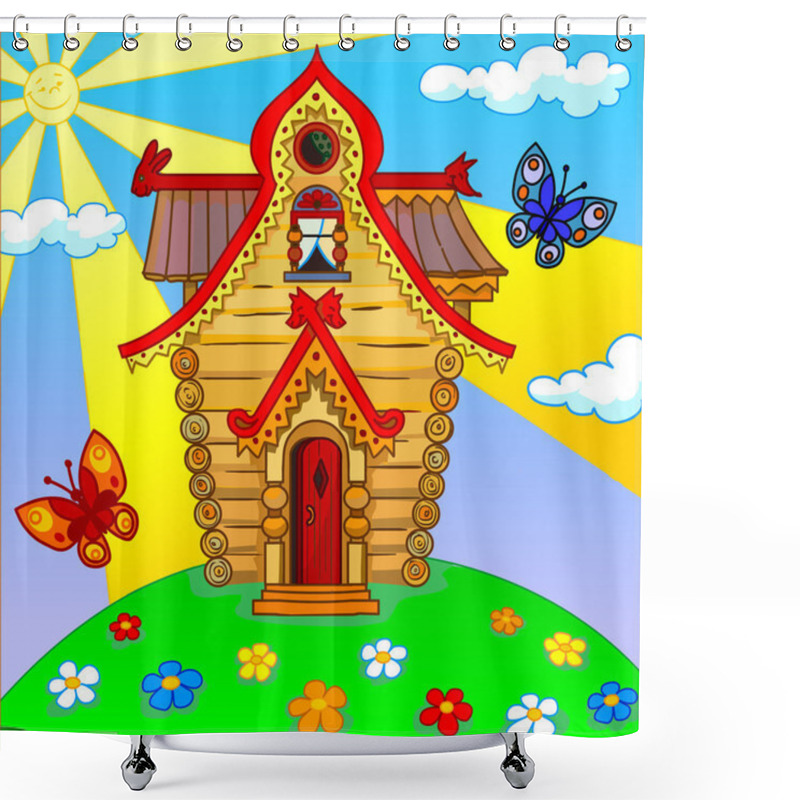 Personality  Illustration Of A Cartoon House On A Green Lawn. Shower Curtains