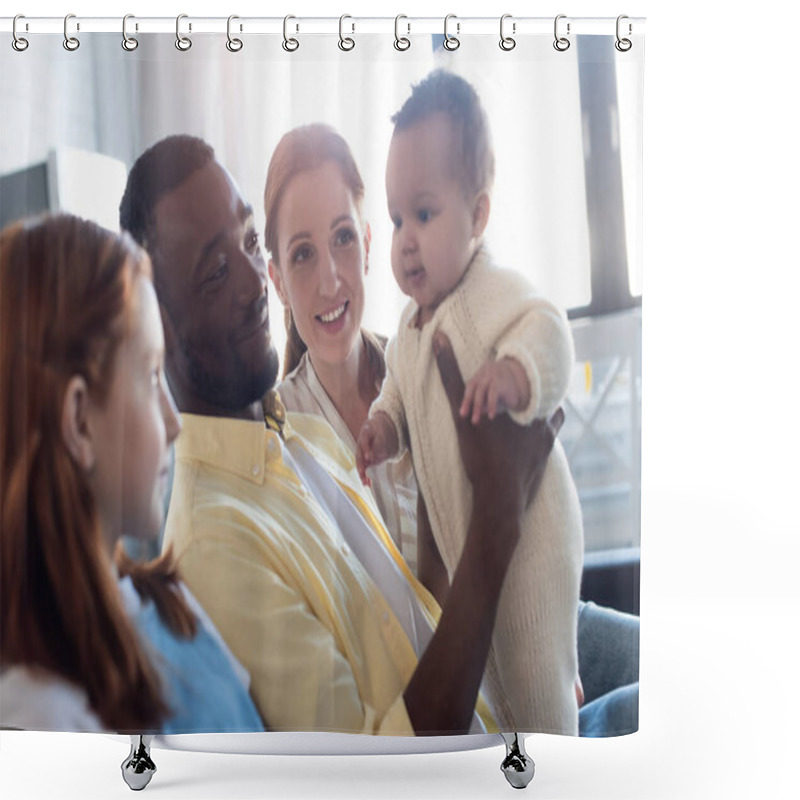 Personality  Smiling African American Father Holding Infant Child Near Blurred Family Shower Curtains