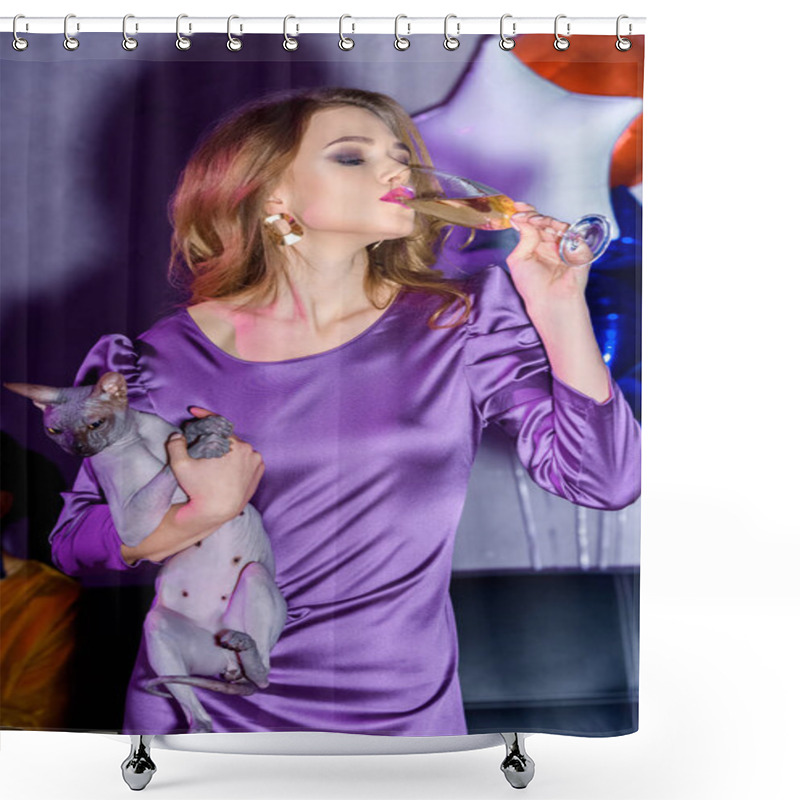 Personality  Portrait Of Young Stylish Woman With Cat On Hand Drinking Champagne At Party Shower Curtains