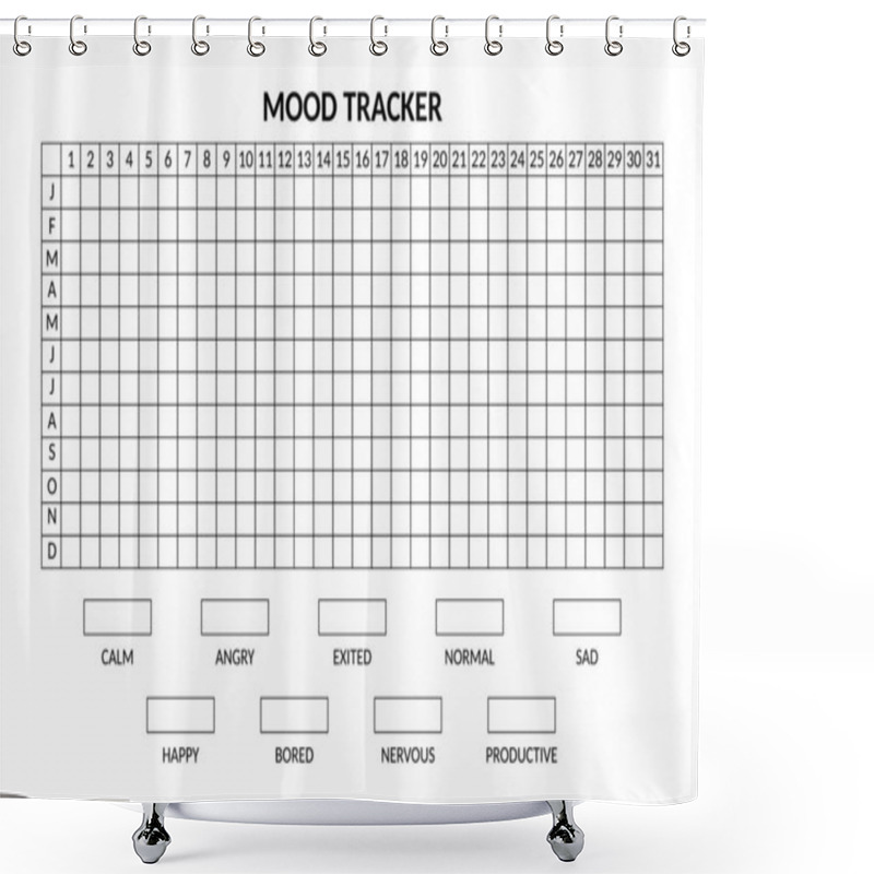 Personality  Year In Pixels, Mood Tracker Monochrome Template. Habit Diary Blank For Bullet Journal. Monthly Planner Horizontal Orientation. Shower Curtains