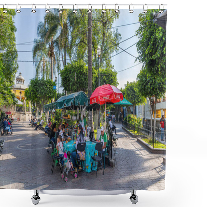 Personality  San Pedro Tlaquepaque, Jalisco, Mexico - November 23, 2019: Tourists, Locals And Street Vendors At The Hidalgo Garden Shower Curtains