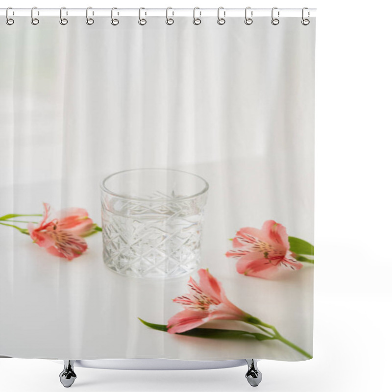 Personality  Transparent Glass With Fresh Water Near Pink Alstroemeria Flowers On White Background With Copy Space Shower Curtains