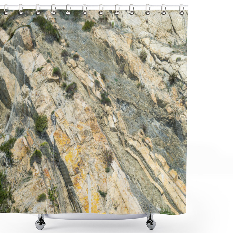 Personality  Rockfall Protection Netting On Cracked Rocks Shower Curtains