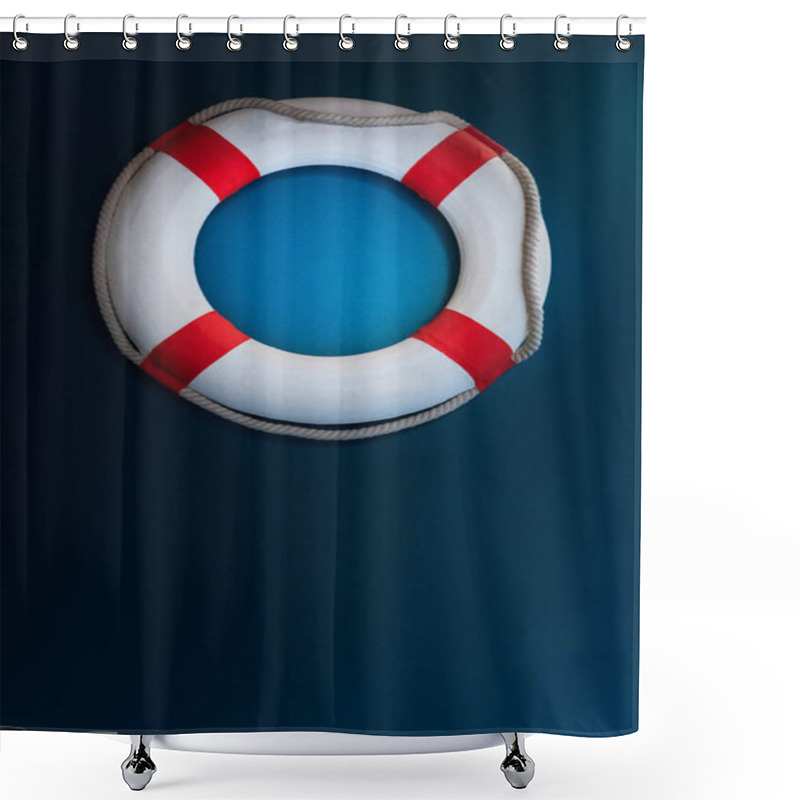 Personality  Bright Life Buoy In Dark Background. Personal Life Support Flotation Safety Device For Swimmers, Passengers Or Marine Personnel Working In Area Exposed To Water. Drowning Protection Equipment Concept. Shower Curtains