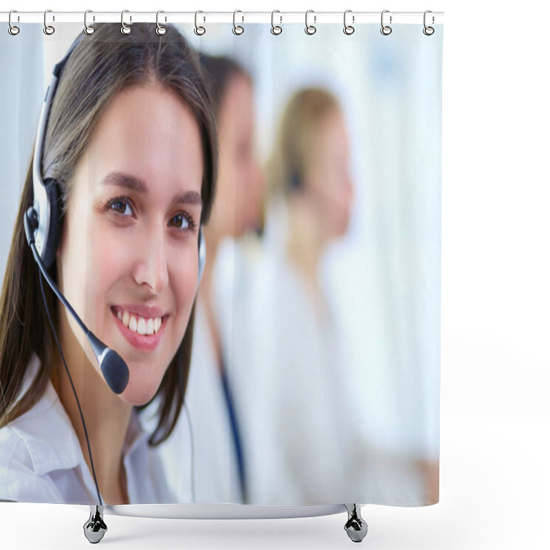 Personality  Smiling Businesswoman Or Helpline Operator With Headset And Computer At Office Shower Curtains