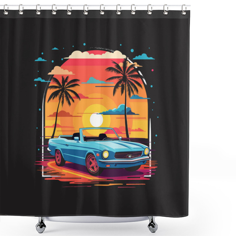 Personality  Illustration Of Blue  Car In The Sunset Vibes. Perfect For T-shirt, Logo,  Sticker, And Others. Fit To Use In Summer Season. Automotive Vector Illustration Arts. Shower Curtains