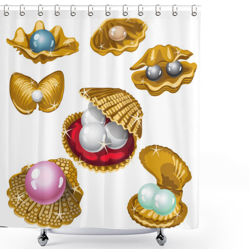 Personality  Gold Shell With White, Black, Pink And Blue Pearls Shower Curtains